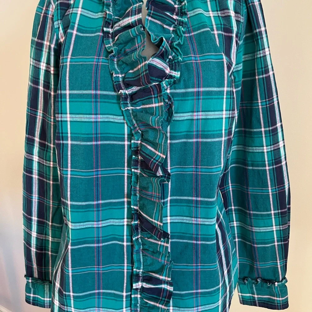 Crown & Ivy Green Plaid Ruffle Blouse Size Medium - Picture 4 of 10